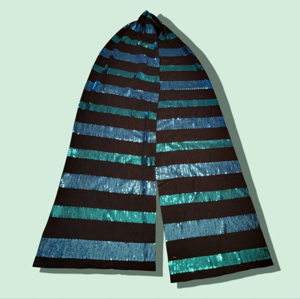 Black Scarf with Teal & Blue Sequin Stripes 70” x‎ 9.5”